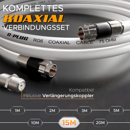 G-PISTIK 15m koaksiaalkaabel RG6 – 135dB neljakordse varjestusega, kullatud pistikute ja kummist O-rõngaga – Antennikaabel DVB-T2, DVB-C, DVB-S2 jaoks – HDTV 4K 3D – Veekindel – Valge