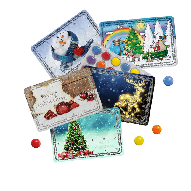 5-piece mini Advent calendar mix with chocolate buttons – perhaps the smallest Advent calendar in the world (colorful sleigh ride, Santa Claus on tour, snowmen, snail mail, look at Christmas)