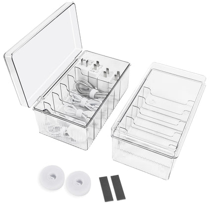 DoocliB kaablihoidiku karp 2 tk, läbipaistev, 20 x 11 x 9 cm, 6 sektsiooni, kaablihalduskarp kaablisidemetega, lauale, kontorisse