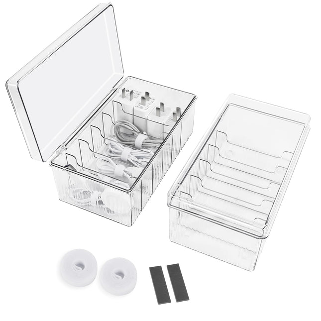 DoocliB kaablihoidiku karp 2 tk, läbipaistev, 20 x 11 x 9 cm, 6 sektsiooni, kaablihalduskarp kaablisidemetega, lauale, kontorisse