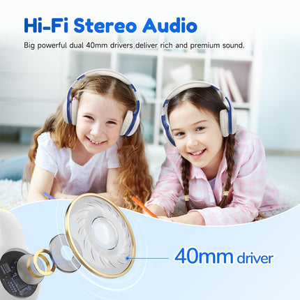 EarFun Bluetooth kõrvaklapid lastele, 85/94dB helitugevuse reguleerimine, HiFi heli, HD mikrofon, 40 tundi aku tööiga, kokkupandavad, reguleeritavad, juhtmevabad Bluetooth kõrvaklapid lastele kooli/reisimiseks/arvuti jaoks, valged