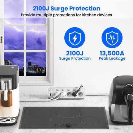 Table socket with USB, 5-way power strip individually switchable, corner socket for kitchen and office, wall-mounted multiple socket with switch, metal power strip surge protection 2M cable, white