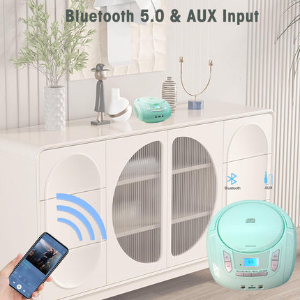 Compact Radio CD Player with Bluetooth, FM Radio, USB, AUX, Headphone Jack, CD-R/RW and MP3 CD Compatible, Portable Boombox (Green)
