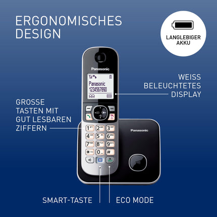Panasonic KX-TG6811GB DECT juhtmeta telefon (madala kiirgusega, ökorežiimiga GAP-telefon, ilma automaatvastajata, lauatelefon, kõnepiirang) must