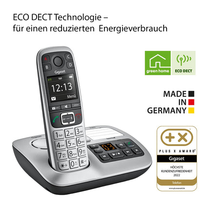 Gigaset E560A - Cordless DECT phone for seniors - Handset with answering machine - Color display - Speakerphone function, Large buttons, Phone with SOS button, Analog phone, platinum [German version]