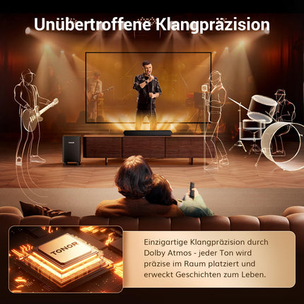 TONOR 2.1 teleri heliriba Dolby Atmosega, 5.3 Bluetooth-heliriba subwooferiga telerile, 3 ekvalaiseri režiimi/BASSMX/ruumilise heli kõlarid telerile/arvutile, kodukino helisüsteem, HDMI ARC/optiline/AUX/USB
