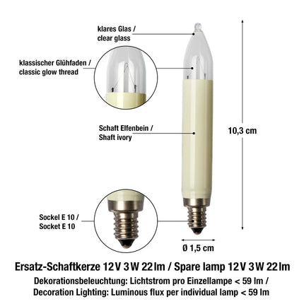 Hellum replacement candles for Christmas tree candles and fairy lights, indoor and outdoor, 3 pieces 12V 3W candle for fairy lights with 20 burning points, ø15mm E10/ 12V/ 3W/ 22 lumens 902037