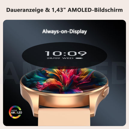 Blackview Smartwatch Women Men, 1.43'' AMOLED Screen, Virtual Always-On Clock, Fitness Watch with Phone Function, Make/Receive Calls, Sports Watch, Pedometer, Heart Rate Sleep Monitor, for Android iOS