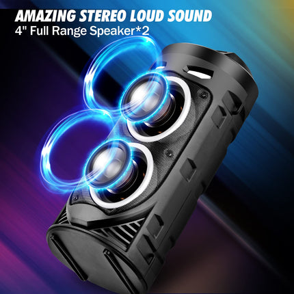 Portable Bluetooth Speaker, 30W Wireless with Dual 4'' Stereo Sound, LED Lighting, Remote Control, Supports EQ, TWS, USB, TF, AUX, for Travel, Home, Party