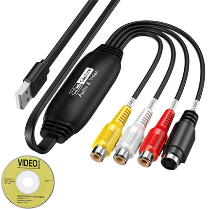 Video Grabber teisaldab VHS-i USB 2.0 Hi8 VHS-ile, digiteerib DVD-videokaarti RCA/S-Video adapteriga, VCR-digitaalmuundur Macile, Windows 2000, XP-le, WIN7/8/10/11-le