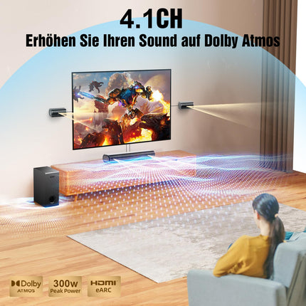 Hiwill 4.1-kanaliline heliriba Dolby Atmosega, 300 W heliriba teleritele subwooferiga, 2 eesmist ruumilist kõlarit, HDMI eARC, reguleeritavad kõrged ja bassid, ruumiline heli telerile, HiElite A41