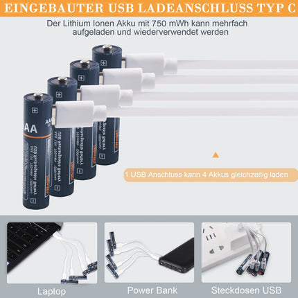 Kamnnor Rechargeable AAA Lithium Batteries, 1.5V USB Rechargeable Battery Li-Ion AAA Batteries 750mWh with 4 in 1 Type C Charging Cable, Fast Charge in 2 Hours, 1200 Cycle Charge, 4 Pack…
