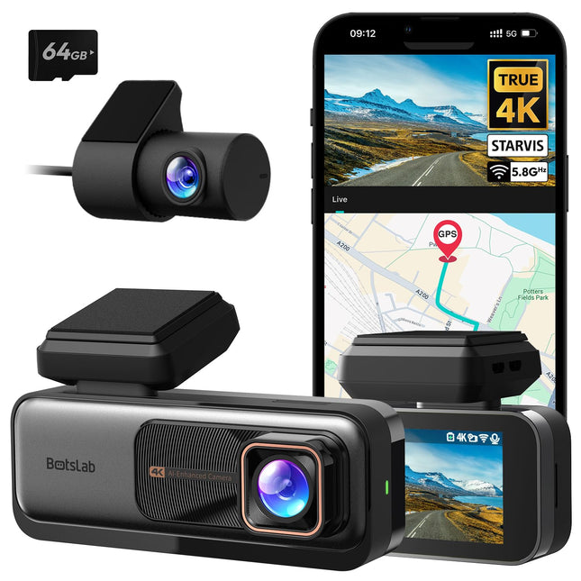 BOTSLAB auto armatuurlaud esi-taga, 4K auto armatuurlaud GPS WiFi-ga, topelt autokaamera 64GB SD-kaardiga, ADAS, öönägemine, 170° lainurk, WDR, 2.45" IPS, 24/7 parkimise jälgimine, tsükkelsalvestus