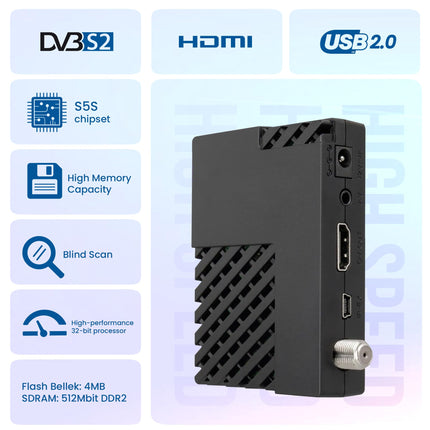 Hd-line DVB-S2 Mini Satellite Receiver - Ready-to-use current channels, Full HD 1080p, HDMI/AV/USB/RS232, IR-EX support, Plug &amp; Play, Energy-saving, High-performance TV satellite receiver