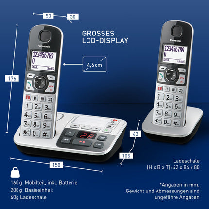 Panasonic KX-TGE522GS DECT senior telephone with emergency call (large button telephone with answering machine, cordless, telephone DUO) silver-black, max 1.5h - talk, 4.6cm display, 150 entries, max 330h standby,