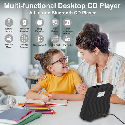 Liphier kaasaskantav CD-mängija HiFi kõlaritega lauaarvutile, multifunktsionaalne CD-mängija, sisseehitatud Bluetooth 5.1 seadistamine, LED-ekraan, puldi tolmukate mustale