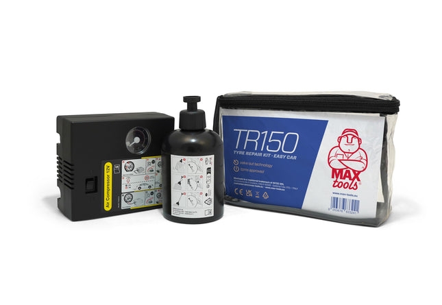 MAXTOOLS TR150, lihtne autorehvide remondikomplekt, sobib ka mootorratastele ja väikestele tarbesõidukitele, sisaldab võimsat 12 V õhukompressorit