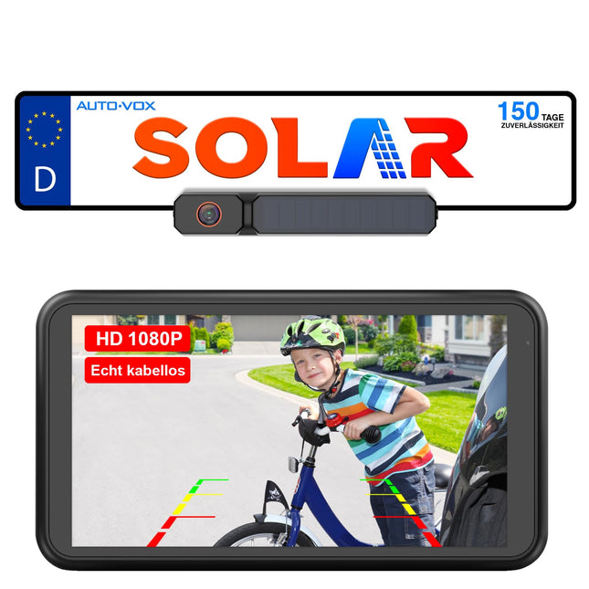 AUTO-VOX päikesepaneeliga juhtmevaba tagurduskaamera 5-tollise 1080P monitoriga: 5000mAh aku, 2 minutit isepaigaldust ja kaheosaline juhtmevaba tagurduskaamera, IP69K veekindlad tahavaatekaamerad autole, veoautole, kaubikule, maasturile ja haagissuvilale.