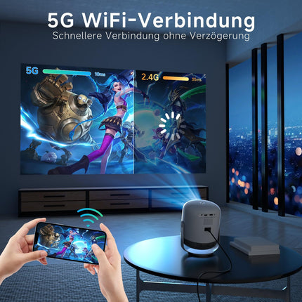 VISULAPEX projektor, 360° pööratav projektor WiFi ja Bluetooth-projektoriga, Full HD 1080P tugi elektrilise teravustamisega, 200'' ekraan, ühildub teleripulga/HDMI/USB/AV/sülearvuti/iPhone/Androidiga