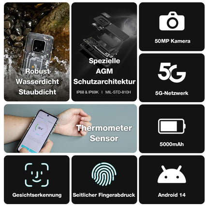 AGM X6 5G õues kasutatav nutitelefon, lukustamata, temperatuurianduriga (2024), 8GB+128GB/512GB, 6,78'' FHD+ ekraan, Android 14 vastupidav veekindel nutitelefon, 50MP+16MP, kahekordne SIM/näotuvastuse/5000mAh aku, läbipaistev