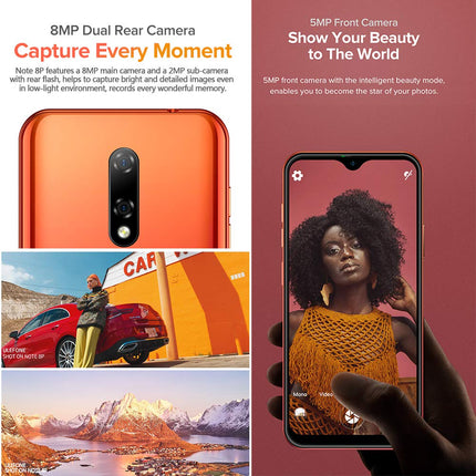 Ulefone Note 8P Android 10 Smartphone without Contract, 5.5'' Waterdrop Screen, 4G LTE Mobile Phone, 2GB+16GB, Dual SIM + SD (3 Card Slots), Face Unlock, 8MP+2MP+5MP, GPS, Red