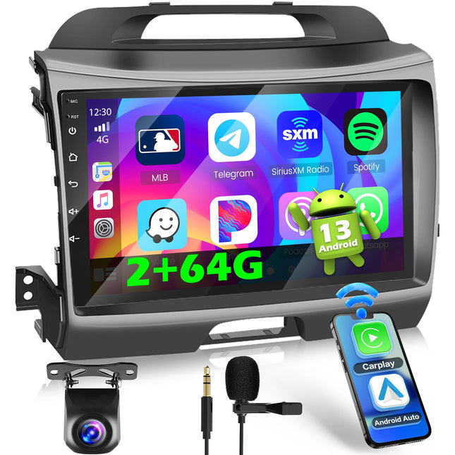 Inefala Android 13 2G/64G autoraadio GPS-navigatsioon Kia Sportage 2010-2016 raadio juhtmevaba Carplay Android Auto, 9-tolline puuteekraan, GPS, WiFi, BT, USB, FM RDS, ekvalaiser, mikrofon, kaamera
