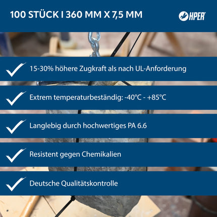 HPER kaablisidemed, korduvkasutatavad, mustad I 360 mm x 7,5 mm I 100 tk lahtikäivad I +15–30% tõmbetugevus ja stabiilsus I 3 aastat UV-kindel I sertifitseeritud kvaliteet