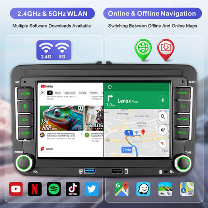 Autoraadio navigatsiooniekraaniga VW T5 Golf 5 6 Polo Sharan Seat Passat Tiguanile, 7-tolline Golfi raadio juhtmevaba Carplay ja Android Auto funktsiooniga, VW Caddy raadio Bluetooth RDS EQ GPS SWC FM WiFi USB, 2+32G