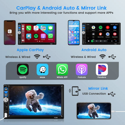 Hikity autoraadio juhtmevaba CarPlay Android Auto 1 DIN raadio ekraaniga 7-tolline puutetundlik ekraan autoraadio Bluetooth Handsfree FM USB AUX TF tahavaatekaamera