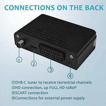 Kaabelvastuvõtja DVB-C digitaalne maapealne dekooder, Combo (HD1080p/H.264, MPEG-2, HDTV, DVB-C, SCART, USB 2.0, PVR FullHD TV kaabelvastuvõtja puldi ja kaabliga