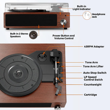 Record Player, FYDEE Vinyl Record Player Bluetooth Record Player Vintage Turntable with Built-in Stereo Speaker and 3-Speed ​​33/45/78 RPM, RCA Output, AUX Input - Walnut
