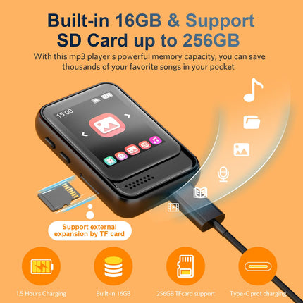 MP3-mängija Bluetoothiga, kaasaskantav muusikapleier sisseehitatud micro SD-kaardi pesa ja HD-kõlariga, toetab FM-raadiot, kõnesalvestust, täispuuteekraan, maksimaalselt 256 GB laiendatav