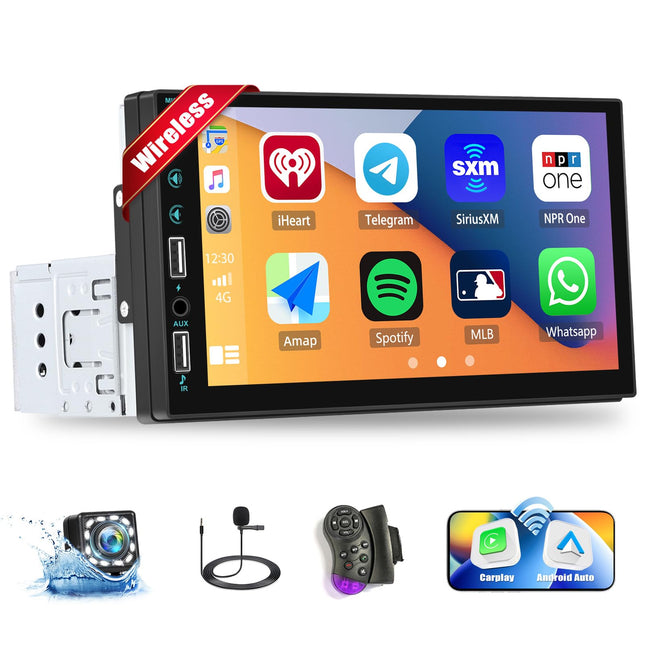 CAMECHO Carplay autoraadio 1 DIN Android Auto Mirror Linkiga, 7-tolline puutetundlik autoraadio Bluetooth Handsfree FM-raadio USB/AUX EQ roolil juhtimine tahavaatekaamera mikrofon