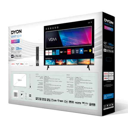 DYON Smart 50 VX - 50-tolline (126 cm) 4K UHD nutiteler HD kolmekordse tuuneriga (DVB-C/-S2/-T2), App Store, Prime Video, Netflix, YouTube, DAZN, Disney+, hotellirežiim