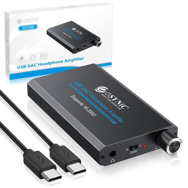 eSynic kõrvaklapivõimendi kaasaskantav HiFi võimendi heli laetav kõrvaklapivõimendi 1m C-tüüpi kaabli ja liitiumakuga MP3 mobiiltelefoni ja sülearvuti jaoks