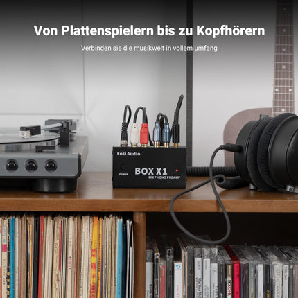 Fosi Audio BOX X1 Phono eelvõimendi, MM-plaadimängijate eelvõimendi 3,5 mm kõrvaklapipesa ja RCA väljundiga, sh toitelüliti – ideaalne fono eelvõimendi vinüülihuvilistele