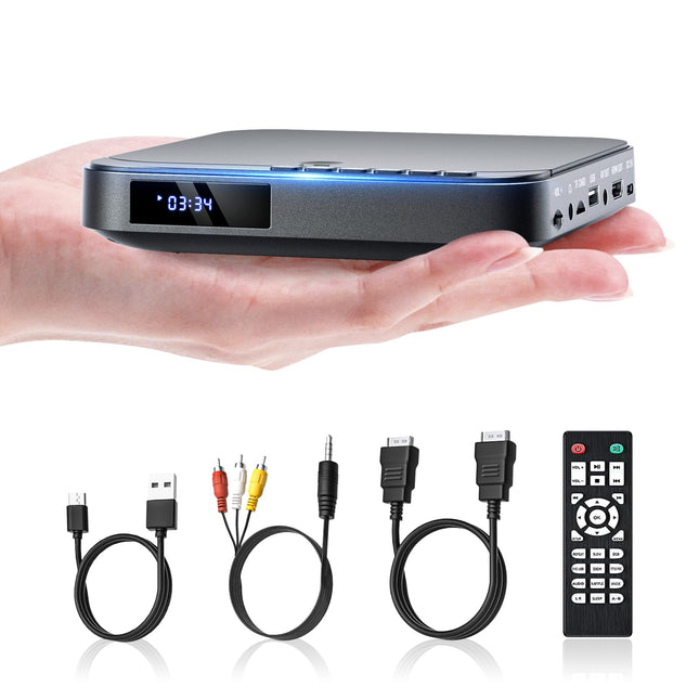 Mini DVD-mängija, DESOBRY DVD-mängija telerile, HD 1080P DVD-mängija HDMI kõigi piirkondadega, USB/TF-kaardi sisend, kaugjuhtimispult, toetab PAL/NTSC-d