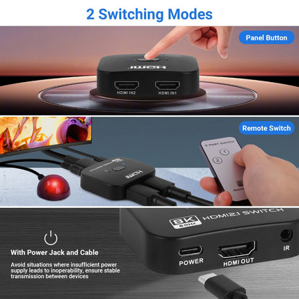 TCNEWCL 8K 60Hz HDMI lüliti 1 sisse 2 väljundit või jaotur 2 sisse 1 väljund toitekaabliga, 4K 120 Hz jaotur teleri/arvuti/sülearvuti/DVD/PS4/PS5/Xboxi/TV-pulga/mänguboksi/Blu-Ray mängija/projektori jaoks