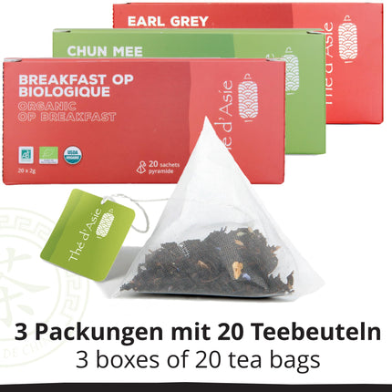 Khla - 3 orgaanilise hommikutee kinkekomplekt - Earl Grey, Chun Mee ja hommikusöögitee OP &amp; - 3 x 20 teekotti - Aasia taimeteed - must tee, roheline tee - kinkekarp sünnipäevaks, jõuludeks