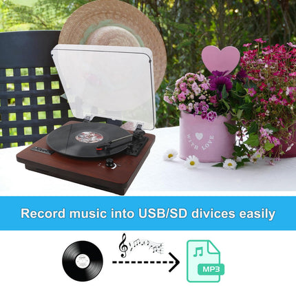 Vinüülplaadimängija kõlari ja Bluetoothi ​​saatmise ja vastuvõtmisega, FM-raadio, USB/SD salvestus, Aux-sisend, RCA-liiniväljund