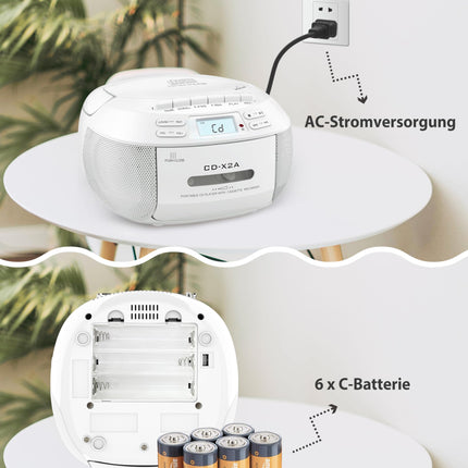 Greadio kaasaskantav CD-mängija, Boombox-kassettmängija Bluetoothiga, FM-raadio puldiga, AUX/USB taasesitus, kassettmakk, vahelduvvoolukaabel/patareitoide, LCD-ekraan lastele (valge)