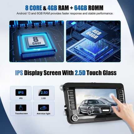 [8-tuumaline] CAMECHO 4+64G Android 13 Carplay/Android Auto/DSP autoraadio VW Golf 5 6 Touran Polo jaoks, 7-tolline puutetundlik ekraan, Bluetooth 5.0 koos WiFi, GPS DSP, FM RDS raadio, Mirror Link+32 riba ekvalaiser