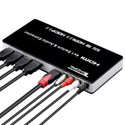 Tendak HDMI 2.0 lüliti 4-pordiline HDMI lüliti 4K HDMI jaotur HDMI lüliti 4-ühele optilise ja L/R heli ekstraktoriga kaugjuhtimispuldiga Toetab UHD 4K@60Hz HDCP 2.2 ARC 3D