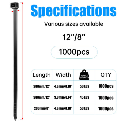 Jokisa 1000 Pack Black Cable Ties 200 x 4.8 mm, Cable Tie Set UV Resistant Tensile Strength 23KG, Long Cable Ties for Cable Management, Gardening, Living, Workshops, Office, DIY