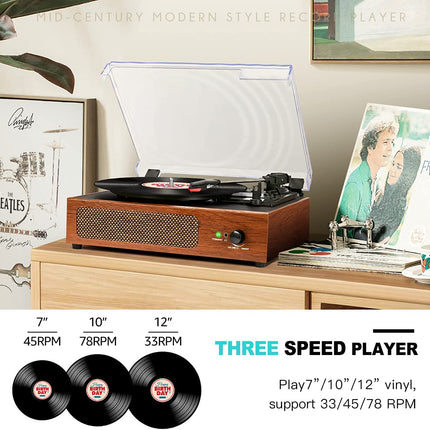Record player with speakers, wireless LP phonograph with built-in stereo speakers, 3-speed belt drive, record player with speakers, Bluetooth, retro yellow