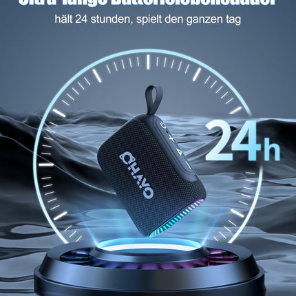 OHAYO Small Bluetooth Speaker with RGB Light, Bluetooth 5.3 Music Box with IPX7 Waterproof, 24H Battery, Stereo Pairing, Portable Mini Speaker for iPhone, Party, Garden, Black