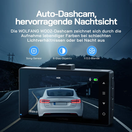 WOLFANG Dashcam Car Front Rear 2.5K+1080P Car Camera, Ultra Night Vision, 170° Wide Angle, WDR, 24h Parking Mode, G-Sensor, Loop Recording, Indoor with 32GB SD Card