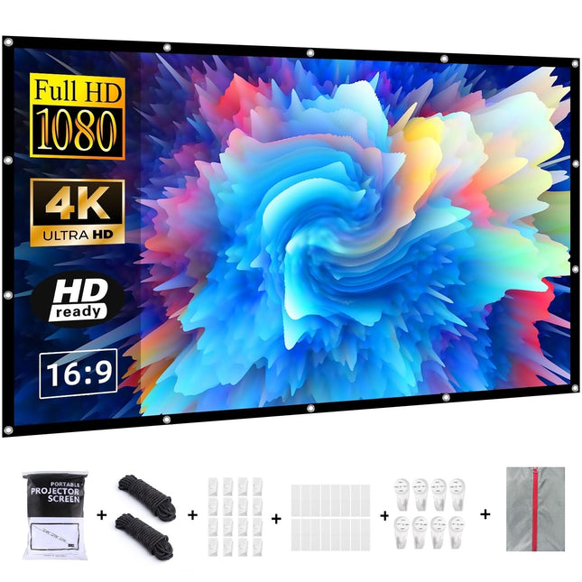 VERCORKIN Projector Screen 120 Inch, 16:9/Wrinkle-Free/160°/Washable/Foldable, Indoor/Outdoor, Includes Nail Hook and Handbag (120 Inch Double-Sided White)