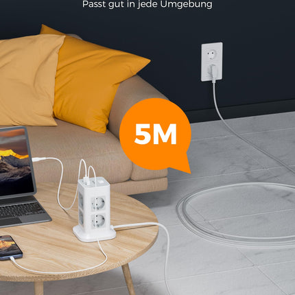 TESSAN 8-suunaline pikendusjuhe USB C ja 3 USB A pistikuga, 5M pikenduskaabel, pikendusjuhe ülepingekaitsega, mitu pistikut lülitiga koduseks kasutamiseks, võimsusmast 3600W