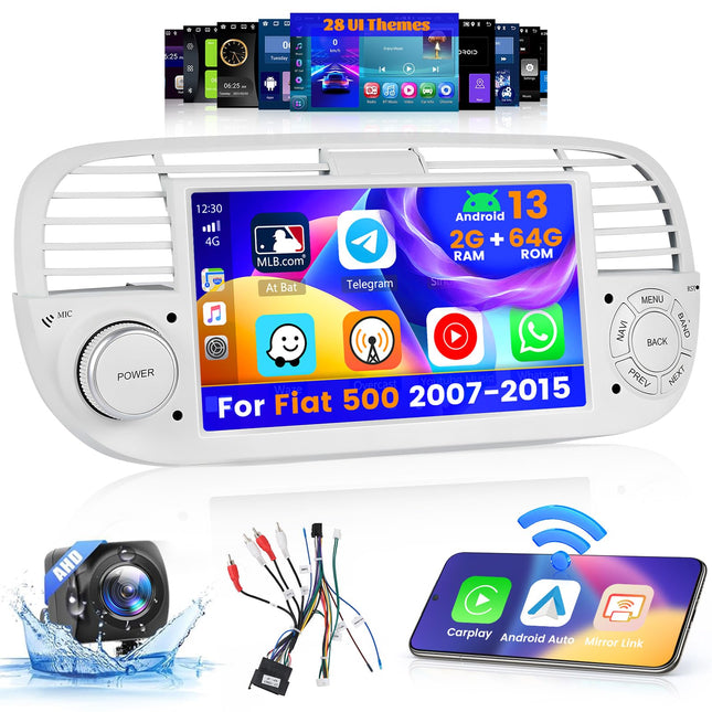 Inefala 2+64 GB Android autoraadio FIAT 500 2007-2015 jaoks, 7-tolline puutetundlik ekraan, CarPlay, 2 DIN autoraadio koos Android Auto, Bluetoothi, Mirror Linki, WiFi, GPS-i, RDS FM-i, AHD tahavaatekaameraga (valge)